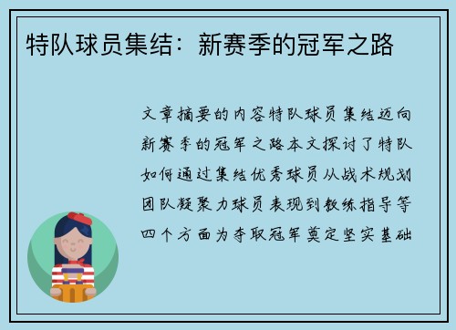 特队球员集结：新赛季的冠军之路