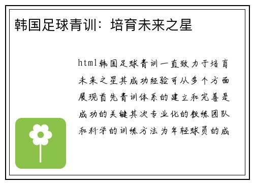 韩国足球青训：培育未来之星